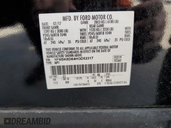 2017 Ford Explorer XLT z VIN 1FM5K8D84HGD52317, wystawiony jako Copart lot #58200565 z przebiegiem 111 962 mil mil oraz Szkoda całkowita • Salvage title. Historia ofert i sprzedaży dostępna na DreamBid. Obrazek 14.