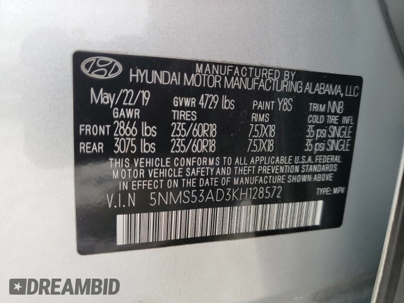 2019 Hyundai Santa Fe Limited with VIN 5NMS53AD3KH128572, listed as a Copart auction lot 47882635 with 71,550 mi miles and Clean Title. Bid and sale history available at carsss.com. Image 13.