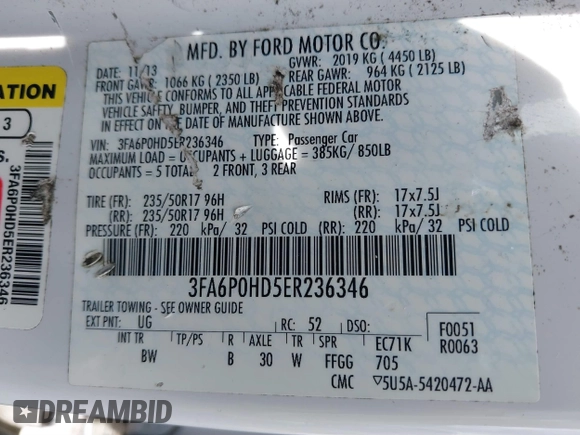 2014 Ford Fusion SE with VIN 3FA6P0HD5ER236346, listed as a IAAI auction lot 41879927 with 118,667 mi miles and . Bid and sale history available at DreamBid. Image 9.
