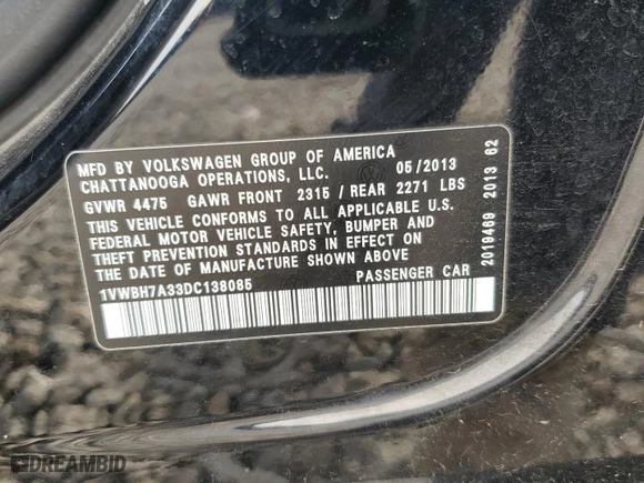 2013 Volkswagen Passat SE w/Sunroof with VIN 1VWBH7A33DC138085, listed as a Copart auction lot 42794035 with 129,473 mi miles and Salvage Title. Bid and sale history available at carsss.com. Image 14.