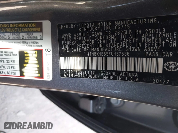 2015 Toyota Avalon Limited with VIN 4T1BK1EB5FU157586, listed as a IAAI auction lot 41827250 with 62,572 mi miles and . Bid and sale history available at carsss.com. Image 9.