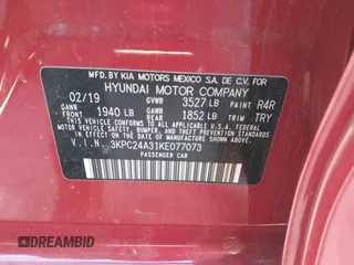2019 Hyundai Accent SE with VIN 3KPC24A31KE077073, listed as a IAAI auction lot 42048683 with 107,428 mi miles. Bid and sale history available at carsss.com. Image 9.