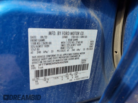 2022 Ford Maverick XL with VIN 3FTTW8E95NRA92506, listed as a Copart auction lot 47818175 with 13,123 mi miles and Salvage Title. Bid and sale history available at DreamBid. Image 15.
