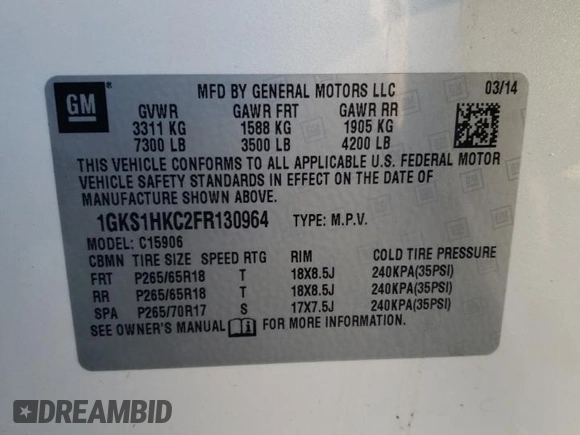 2015 GMC Yukon XL SLT with VIN 1GKS1HKC2FR130964, listed as a Copart auction lot 87796695 with 173,020 mi miles and Salvage Title. Bid and sale history available at carsss.com. Image 14.