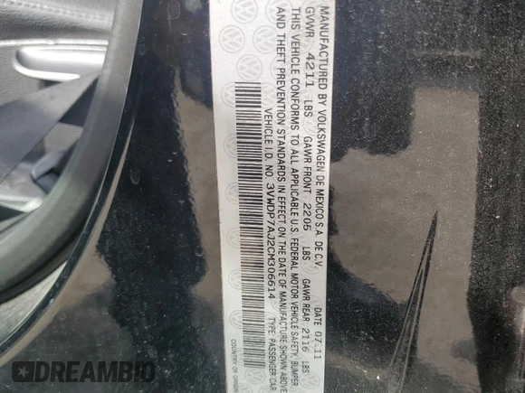 2012 Volkswagen Jetta SE with VIN 3VWDP7AJ2CM306614, listed as a Copart auction lot 58699615 with 164,234 mi miles and Salvage title. Bid and sale history available at DreamBid. Image 12.