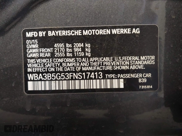 2015 BMW 3 Series 328i xDrive with VIN WBA3B5G53FNS17413, listed as a IAAI auction lot 41643479 with 99,065 mi miles. Bid and sale history available at carsss.com. Image 9.