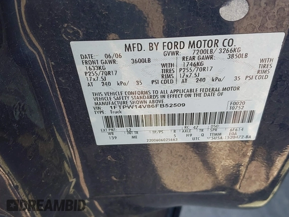 2006 Ford F-150 XLT with VIN 1FTPW14V86FB52509, listed as a IAAI auction lot 42158760 with 193,430 mi miles and . Bid and sale history available at carsss.com. Image 9.