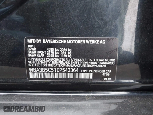 2014 BMW 3 Series 328i xDrive with VIN WBA3B5C51EP543364, listed as a IAAI auction lot 42138365 with 145,243 mi miles and . Bid and sale history available at DreamBid. Image 9.