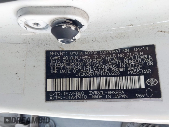 2014 Toyota Prius Four with VIN JTDKN3DU7E0376226, listed as a IAAI auction lot 42066143 with Not Provided miles. Bid and sale history available at carsss.com. Image 9.