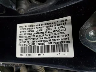 2018 Honda Civic EX с VIN 19XFC2F77JE040070, выставлен на аукционе Copart как лот 56895195 с пробегом 39 746 миль миль и Списание • Salvage title. История ставок и продаж доступна на DreamBid. Изображение 12.