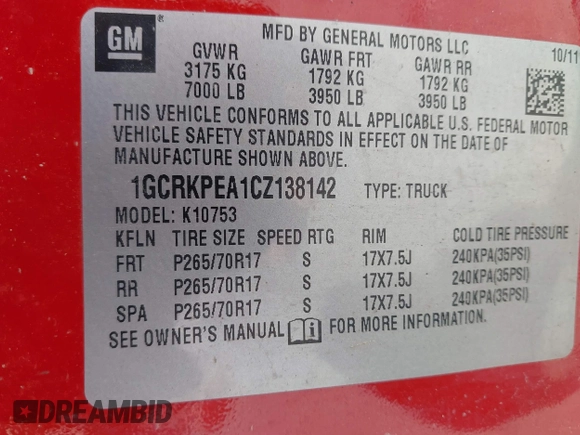 2012 Chevrolet Silverado 1500 Work Truck with VIN 1GCRKPEA1CZ138142, listed as a IAAI auction lot 41797628 with 156,324 mi miles and . Bid and sale history available at DreamBid. Image 9.