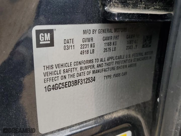 2011 Buick LaCrosse CXL with VIN 1G4GC5ED3BF312534, listed as a Copart auction lot 44530125 with 165,078 mi miles and Salvage Title. Bid and sale history available at carsss.com. Image 12.
