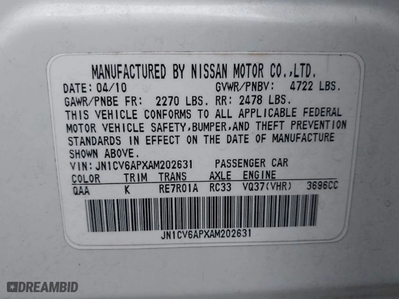 2010 Infiniti G37 Sedan Journey with VIN JN1CV6APXAM202631, listed as a IAAI auction lot 41983983 with 1 mi miles. Bid and sale history available at carsss.com. Image 9.