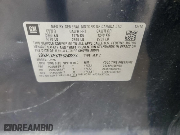 2015 GMC Terrain SLT with VIN 2GKFLXEK7F6243832, listed as a Copart auction lot 51329635 with 88,058 mi miles and Salvage Title. Bid and sale history available at DreamBid. Image 15.