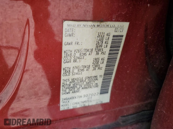 2013 Nissan Titan SV with VIN 1N6AA0EK7DN307022, listed as a Copart auction lot 49687145 with 198,804 mi miles and Salvage title. Bid and sale history available at DreamBid. Image 13.