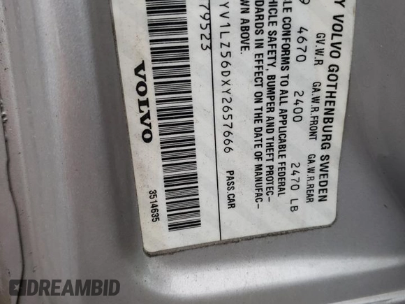 2000 Volvo V70 with VIN YV1LZ56DXY2657666, listed as a Copart auction lot 86204324 with 180,199 mi miles and Salvage title. Bid and sale history available at DreamBid. Image 14.