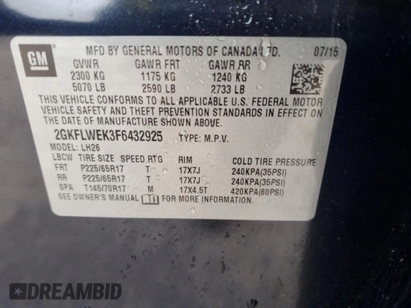 2015 GMC Terrain SLE with VIN 2GKFLWEK3F6432925, listed as a Copart auction lot 49952245 with 126,692 mi miles and Salvage Title. Bid and sale history available at DreamBid. Image 13.