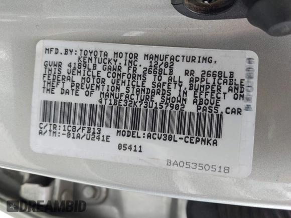 2003 Toyota Camry LE with VIN 4T1BE32K73U157902, listed as a IAAI auction lot 42248544 with 106,675 mi miles and . Bid and sale history available at DreamBid. Image 9.