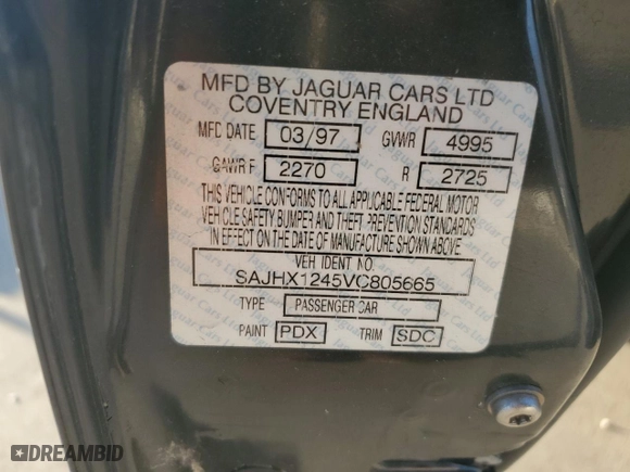 1997 Jaguar XJ with VIN SAJHX1245VC805665, listed as a Copart auction lot 45024125 with 0 mi miles and Salvage Title. Bid and sale history available at carsss.com. Image 12.