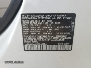 2021 Volkswagen Atlas SEL with VIN 1V2BR2CAXMC562859, listed as a Copart auction lot 60816645 with 72,410 mi miles and Salvage title. Bid and sale history available at DreamBid. Image 13.