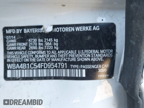 2015 BMW 4 Series 435i with VIN WBA4B1C54FD954791, listed as a IAAI auction lot 41590919 with 133,439 mi miles and . Bid and sale history available at carsss.com. Image 9.