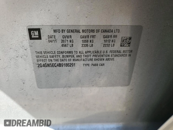 2011 Buick Regal CXL RL1 with VIN 2G4GN5EC4B9186291, listed as a Copart auction lot 74019104 with 27,646 mi miles and Salvage Title. Bid and sale history available at DreamBid. Image 12.