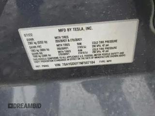2022 Tesla Model Y Performance with VIN 7SAYGDEF7NF507184, listed as a Copart auction lot 58329875 with 98,320 mi miles and Salvage title. Bid and sale history available at DreamBid. Image 12.