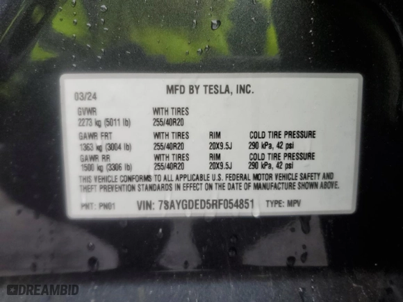 2024 Tesla Model Y with VIN 7SAYGDED5RF054851, listed as a Copart auction lot 42835055 with 14,695 mi miles and Salvage Title. Bid and sale history available at carsss.com. Image 15.