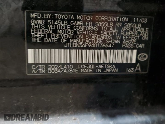 2004 Lexus LS 430 z VIN JTHBN36F940138647, wystawiony jako Copart lot #58376455 z przebiegiem 195 705 mil mil oraz Czysty tytuł • Clean title. Historia ofert i sprzedaży dostępna na DreamBid. Obrazek 12.