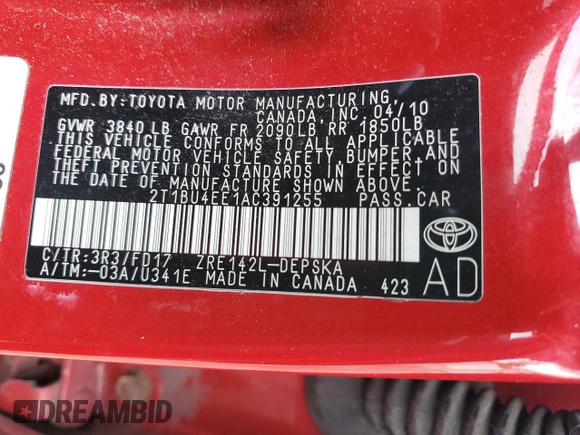 2010 Toyota Corolla with VIN 2T1BU4EE1AC391255, listed as a Copart auction lot 62536825 with 300,213 mi miles and Clean title. Bid and sale history available at DreamBid. Image 12.