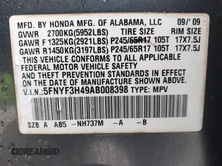 2010 Honda Pilot EX with VIN 5FNYF3H49AB008398, listed as a IAAI auction lot 41516911 with 43,835 mi miles and . Bid and sale history available at carsss.com. Image 9.