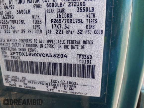 1997 Ford F-150 с VIN 2FTDX18WXVCA53204, выставлен на аукционе IAAI как лот 42651748 с пробегом 270 220 миль миль и . История ставок и продаж доступна на DreamBid. Изображение 9.