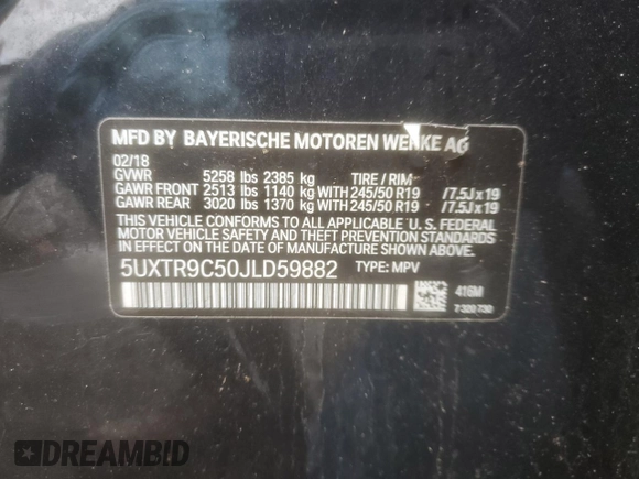 2018 BMW X3 xDrive30i with VIN 5UXTR9C50JLD59882, listed as a Copart auction lot 49089985 with 0 mi miles and Salvage Title. Bid and sale history available at carsss.com. Image 13.