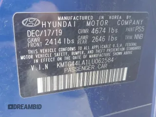 2020 Genesis G70 2.0T with VIN KMTG44LA1LU062584, listed as a Copart auction lot 81599124 with 70,907 mi miles and Salvage Title. Bid and sale history available at DreamBid. Image 14.