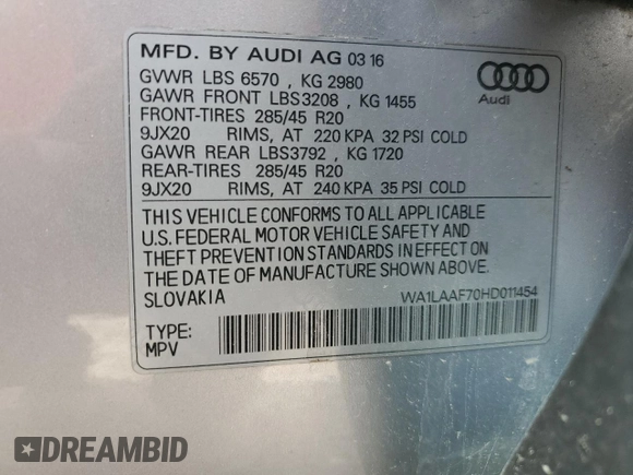 2017 Audi Q7 Premium Plus with VIN WA1LAAF70HD011454, listed as a Copart auction lot 54386475 with 151,063 mi miles and Clean Title. Bid and sale history available at carsss.com. Image 13.