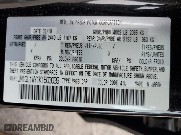 2019 Mazda 6 Grand Touring Reserve with VIN JM1GL1WY1K1503039, listed as a Copart auction lot 87935135 with 45,645 mi miles and Salvage Title. Bid and sale history available at DreamBid. Image 14.