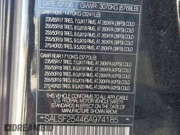 2006 Land Rover Range Rover Sport HSE z VIN SALSF25446A974185, wystawiony jako Copart lot #47285385 z przebiegiem 178 600 mil mil oraz Szkoda całkowita • Salvage title. Historia ofert i sprzedaży dostępna na DreamBid. Obrazek 14.