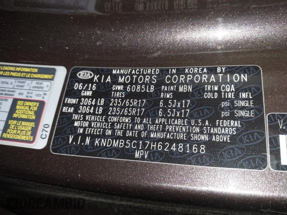 2017 Kia Sedona LX with VIN KNDMB5C17H6248168, listed as a IAAI auction lot 41881875 with 213,977 mi miles. Bid and sale history available at carsss.com. Image 9.
