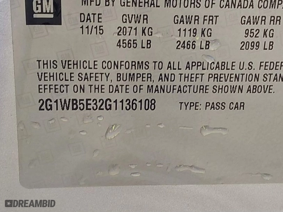 2016 Chevrolet Impala Limited LT with VIN 2G1WB5E32G1136108, listed as a IAAI auction lot 41878419 with 175,859 mi miles. Bid and sale history available at carsss.com. Image 9.