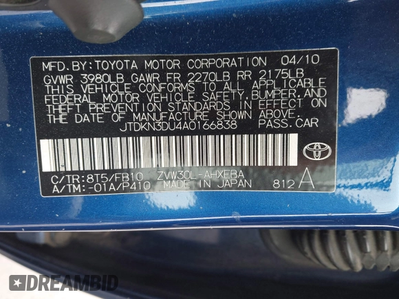 2010 Toyota Prius II with VIN JTDKN3DU4A0166838, listed as a IAAI auction lot 42114622 with 155,607 mi miles. Bid and sale history available at carsss.com. Image 9.