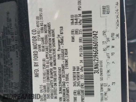 2016 Lincoln MKZ with VIN 3LN6L2J96GR601042, listed as a Copart auction lot 57807955 with 102,191 mi miles and Salvage title. Bid and sale history available at DreamBid. Image 13.