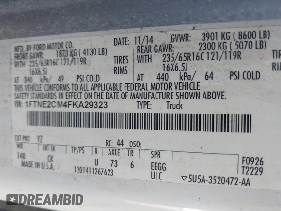 2015 Ford Transit Cargo with VIN 1FTNE2CM4FKA29323, listed as a IAAI auction lot 42406192 with 156,493 mi miles and . Bid and sale history available at DreamBid. Image 9.