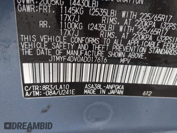 2010 Toyota RAV4 Limited with VIN JTMYF4DV0AD017616, listed as a IAAI auction lot 42435250 with 140,034 mi miles and . Bid and sale history available at DreamBid. Image 9.