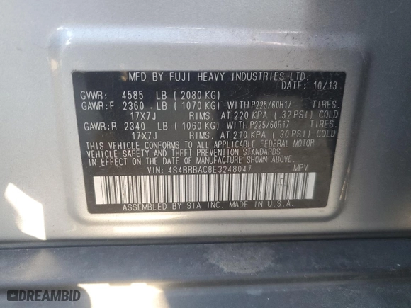 2014 Subaru Outback 2.5i with VIN 4S4BRBAC8E3248047, listed as a Copart auction lot 76633074 with 74,916 mi miles and Salvage Title. Bid and sale history available at carsss.com. Image 13.