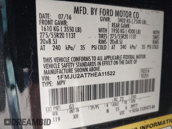 2017 Ford Expedition Limited z VIN 1FMJU2AT7HEA11522, wystawiony jako IAAI lot #42081066 z przebiegiem Nie podano mil oraz . Historia ofert i sprzedaży dostępna na DreamBid. Obrazek 9.