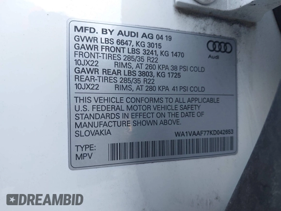 2019 Audi Q7 Prestige z VIN WA1VAAF77KD042653, wystawiony jako IAAI lot #42094332 z przebiegiem 73 489 mil mil oraz . Historia ofert i sprzedaży dostępna na DreamBid. Obrazek 9.