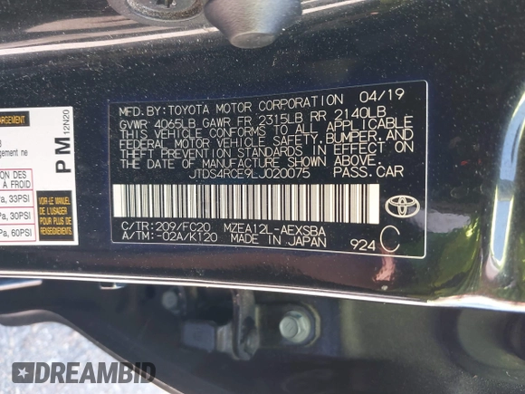 2020 Toyota Corolla SE with VIN JTDS4RCE9LJ020075, listed as a IAAI auction lot 39388212 with 46,014 mi miles and . Bid and sale history available at DreamBid. Image 9.