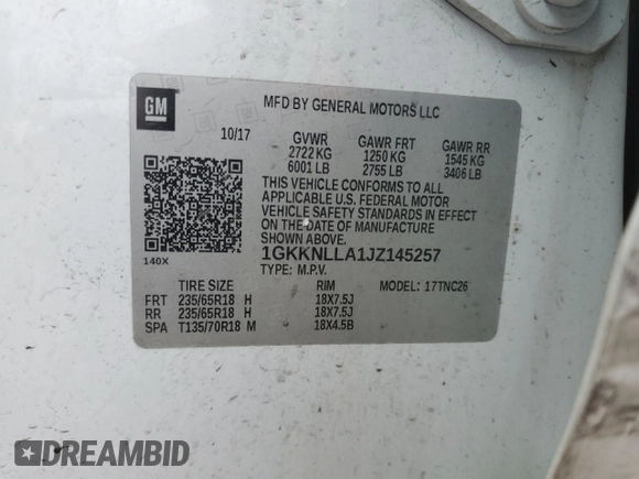 2018 GMC Acadia SLE with VIN 1GKKNLLA1JZ145257, listed as a Copart auction lot 88095075 with 114,578 mi miles and Salvage Title. Bid and sale history available at DreamBid. Image 13.
