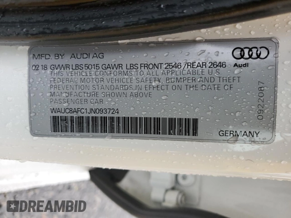 2018 Audi A6 Premium with VIN WAUC8AFC1JN093724, listed as a Copart auction lot 44859923 with 47,650 mi miles. Bid and sale history available at carsss.com. Image 14.