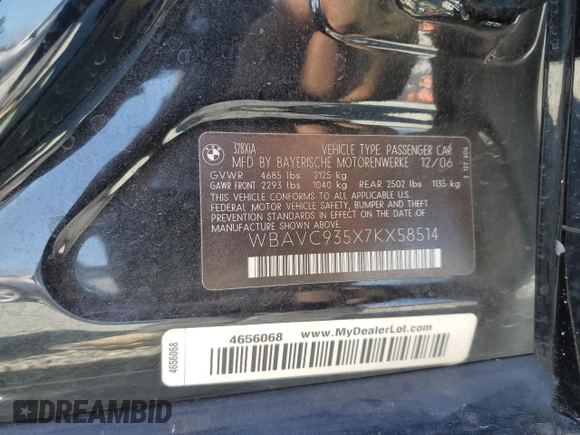 2007 BMW 3 Series 328xi with VIN WBAVC935X7KX58514, listed as a Copart auction lot 50539625 with 104,272 mi miles and Salvage Title. Bid and sale history available at carsss.com. Image 14.